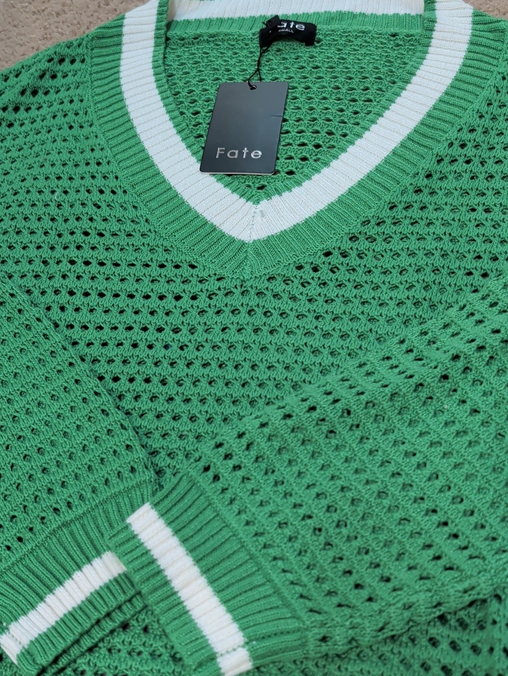 Fate Green V-Neck Open-Knit Sweater with White Trim